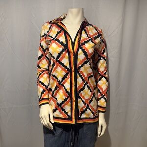 60s Mod Cardigan Sweater Orange Black 100% Cotton Thick Knit Argyle Aus…